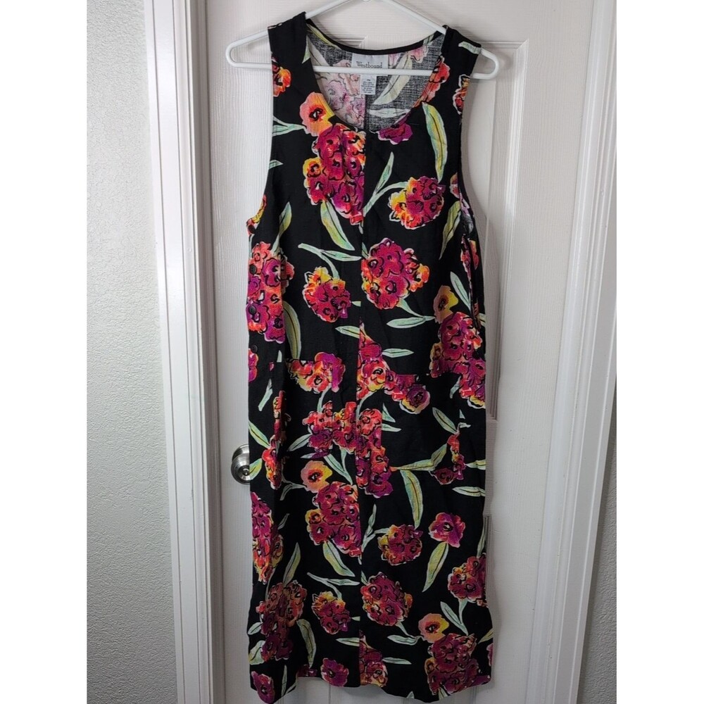 Vintage Linen.Cotton Blend Sleeveless Floral Shift Dress Size Mp